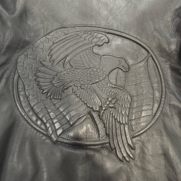 Vintage 90s Black Leather Biker Jacket XXL Eagle Back Patch Bomber Motorcycle